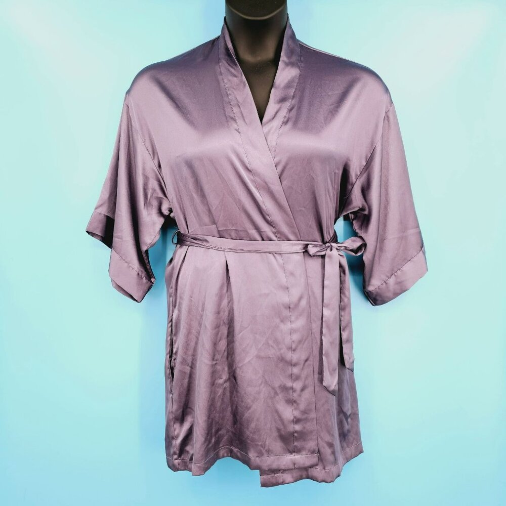 Victorias Secret Short Robe XS S Silver Grey Satin Short Sleeve Tie Waist Pocket